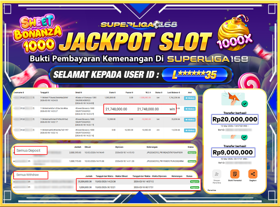 SUPERLIGA168 JACKPOT SWEET BONANZA 1000 Rp.29,000,000LUNAS